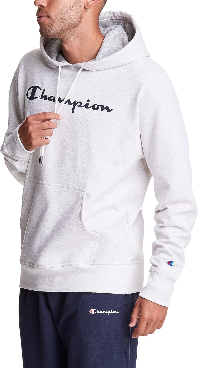 image:imageChampion Mens Pullover Graphic Fleece Hoodie Standard Fit Midweight Fleece Classic Script Logo Available Regular Big amp TallOatmeal Heather Classic Script Logo