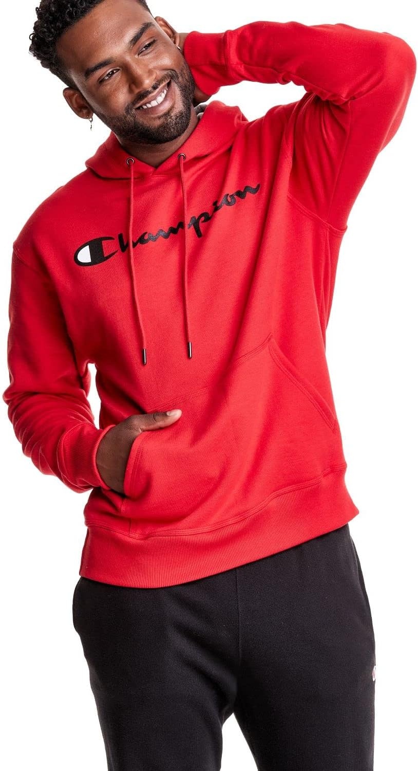 image:imageChampion Mens Pullover Graphic Fleece Hoodie Standard Fit Midweight Fleece Classic Script Logo Available Regular Big amp TallTeam Red Scarlet Classic Script Logo