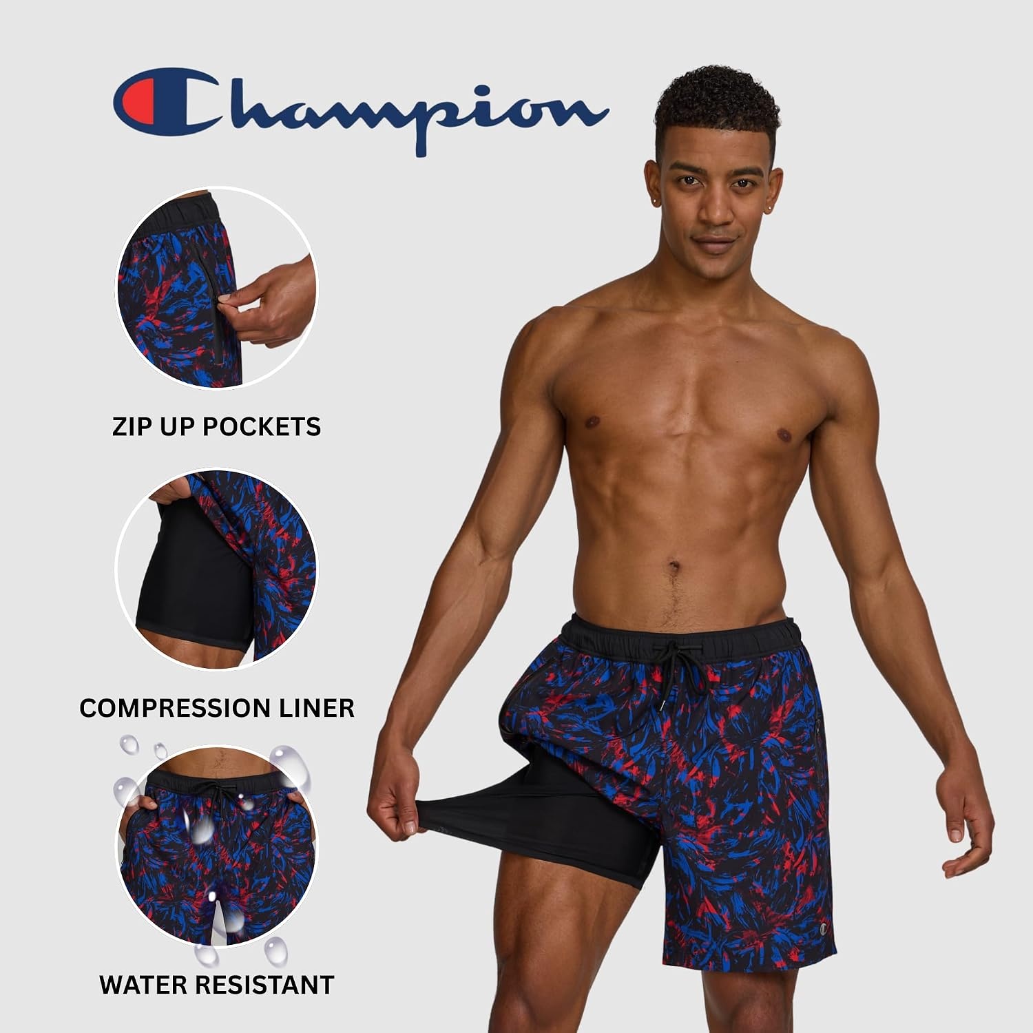 image:imageChampion Mens Swim Trunks with Compression Liner 2 in 1 Mens Bathing Suit Shorts 7 Inch Inseam Board Shorts for SwimmingContrast Trop