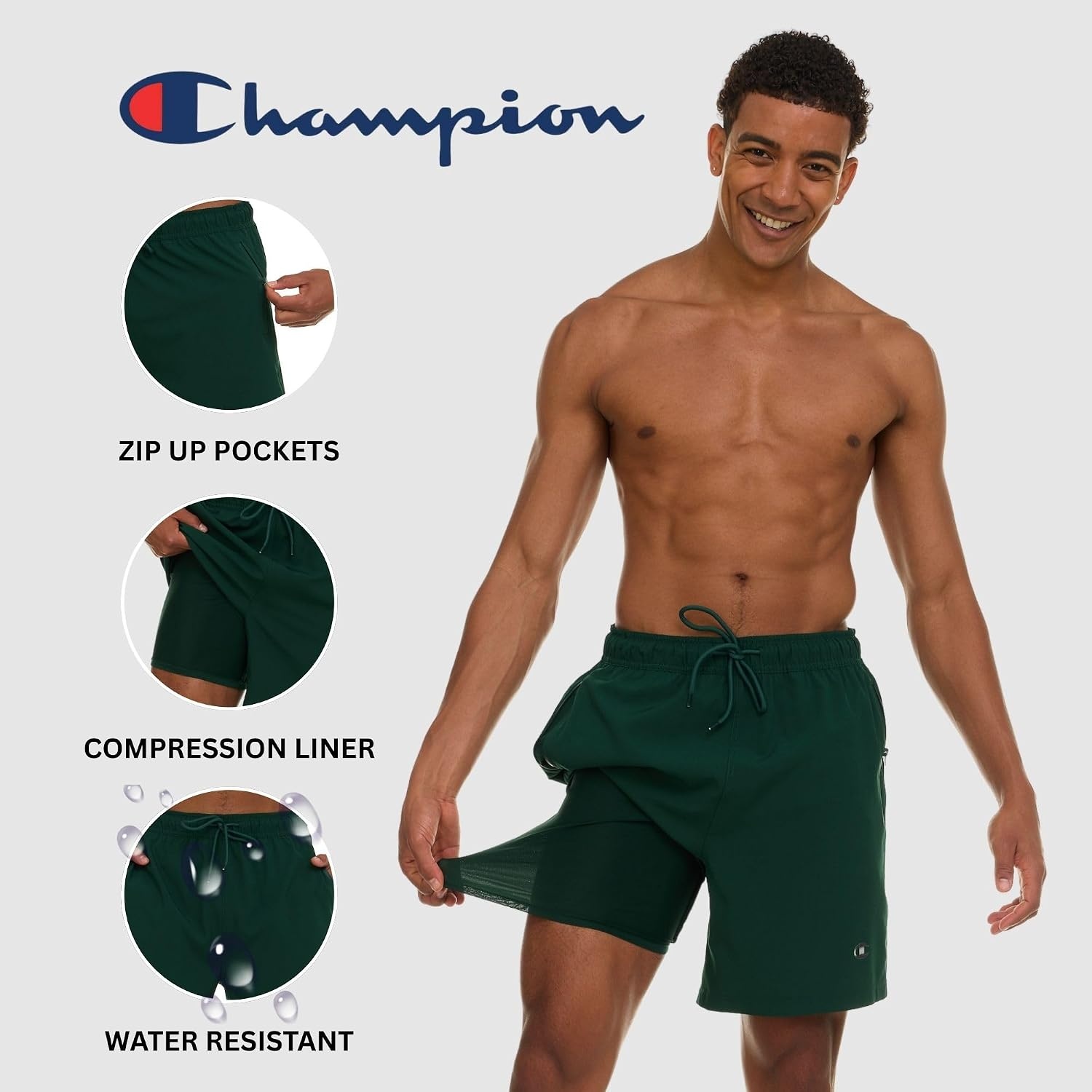image:imageChampion Mens Swim Trunks with Compression Liner 2 in 1 Mens Bathing Suit Shorts 7 Inch Inseam Board Shorts for SwimmingGreen