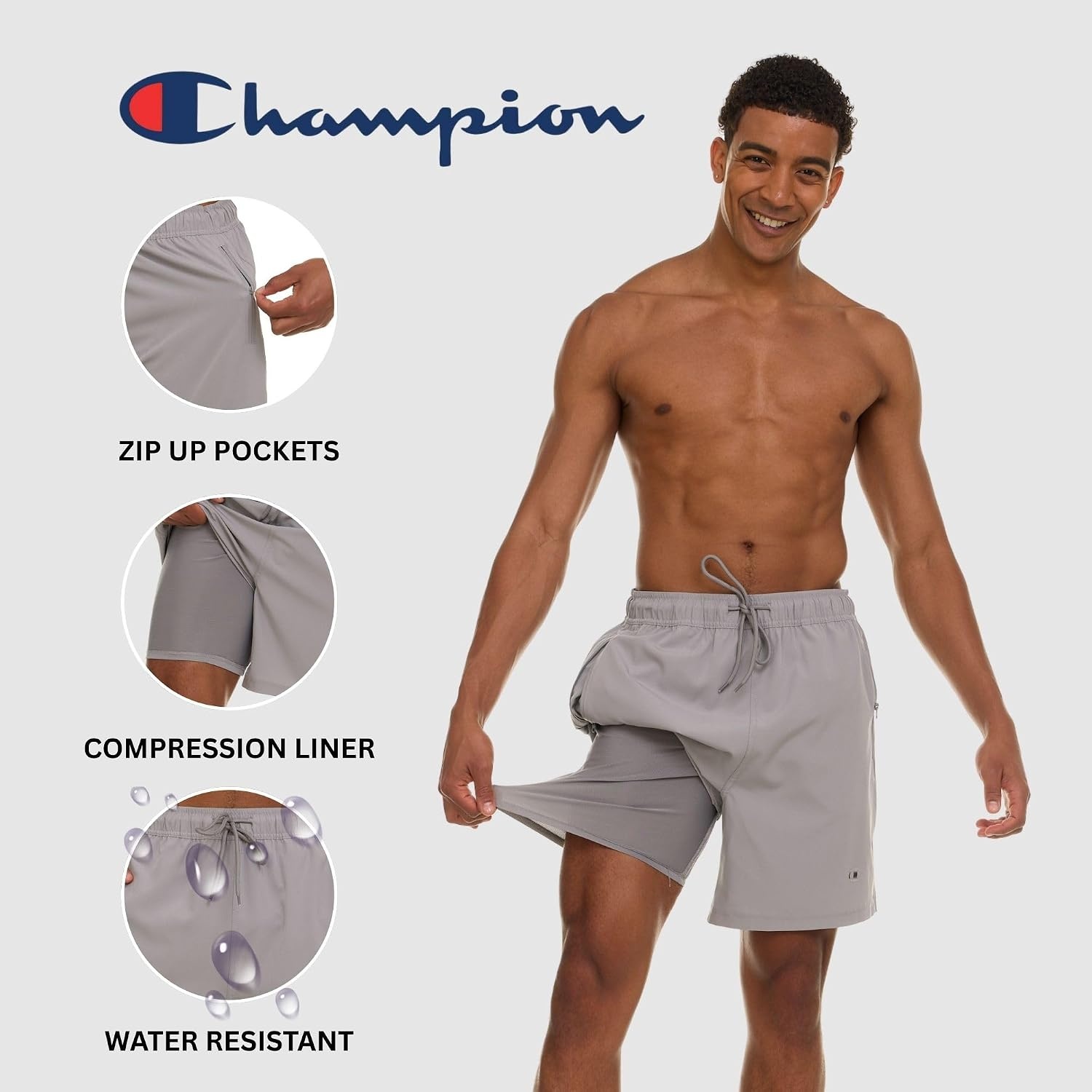 image:imageChampion Mens Swim Trunks with Compression Liner 2 in 1 Mens Bathing Suit Shorts 7 Inch Inseam Board Shorts for SwimmingGrey