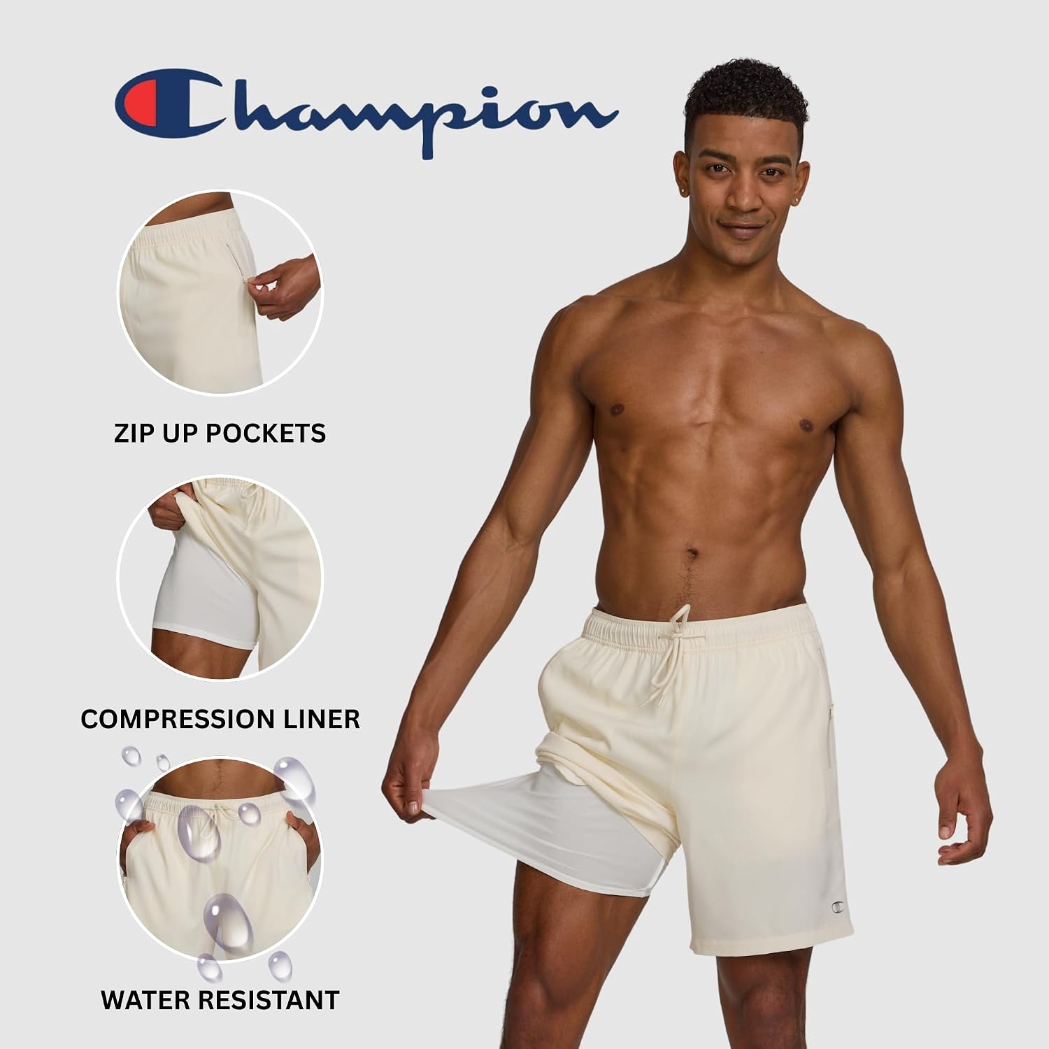 image:imageChampion Mens Swim Trunks with Compression Liner 2 in 1 Mens Bathing Suit Shorts 7 Inch Inseam Board Shorts for SwimmingIvory Canvas