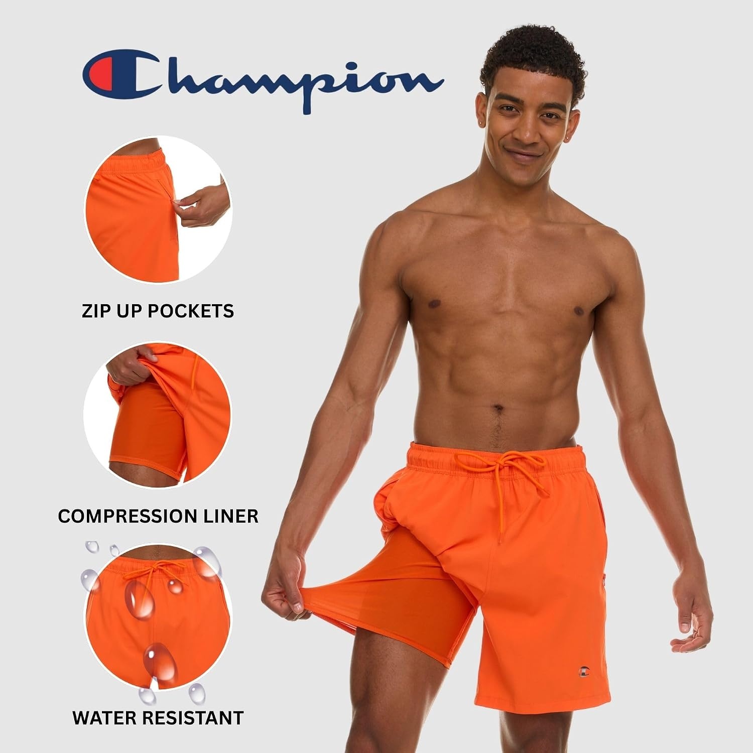 image:imageChampion Mens Swim Trunks with Compression Liner 2 in 1 Mens Bathing Suit Shorts 7 Inch Inseam Board Shorts for SwimmingOrange