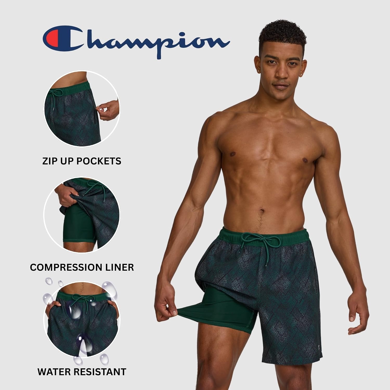 image:imageChampion Mens Swim Trunks with Compression Liner 2 in 1 Mens Bathing Suit Shorts 7 Inch Inseam Board Shorts for SwimmingPatch Texture