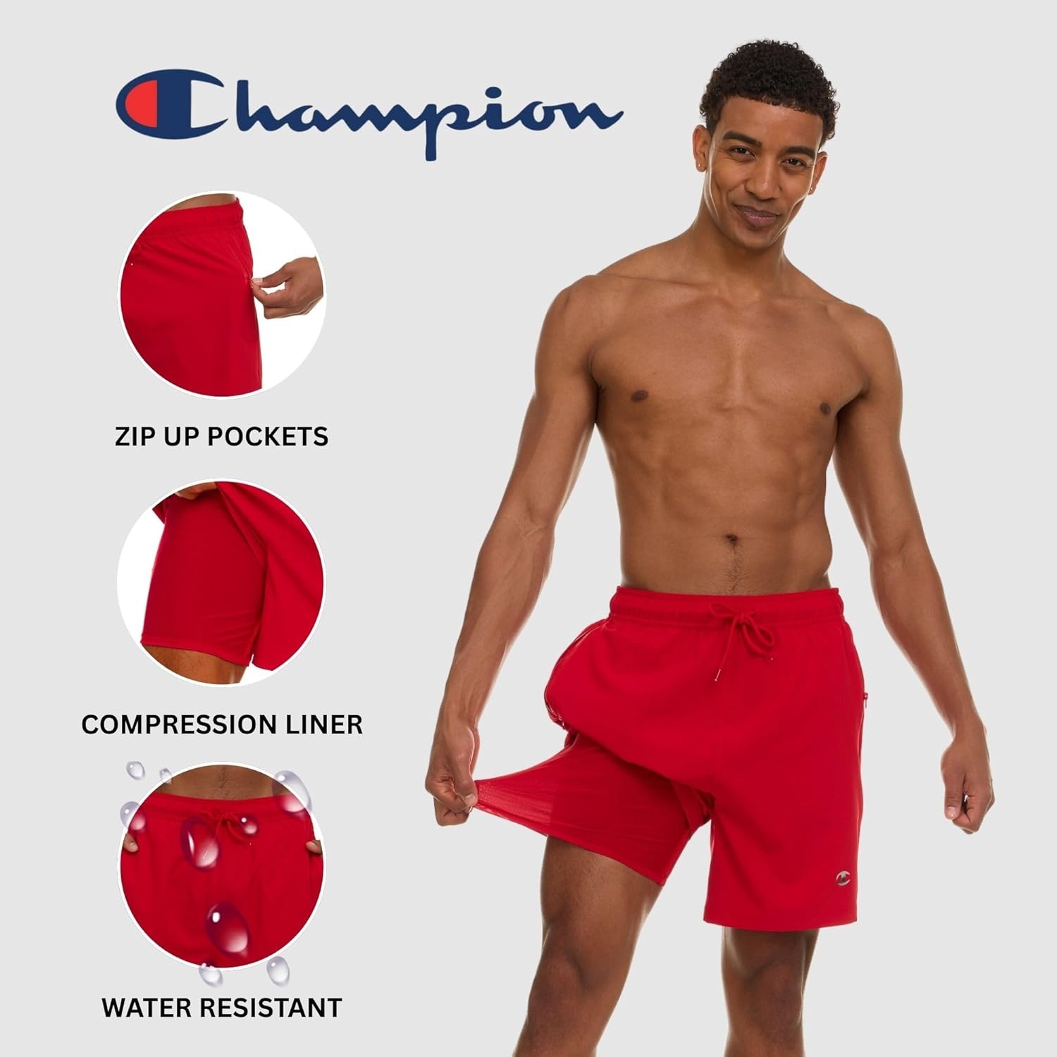 image:imageChampion Mens Swim Trunks with Compression Liner 2 in 1 Mens Bathing Suit Shorts 7 Inch Inseam Board Shorts for SwimmingRed