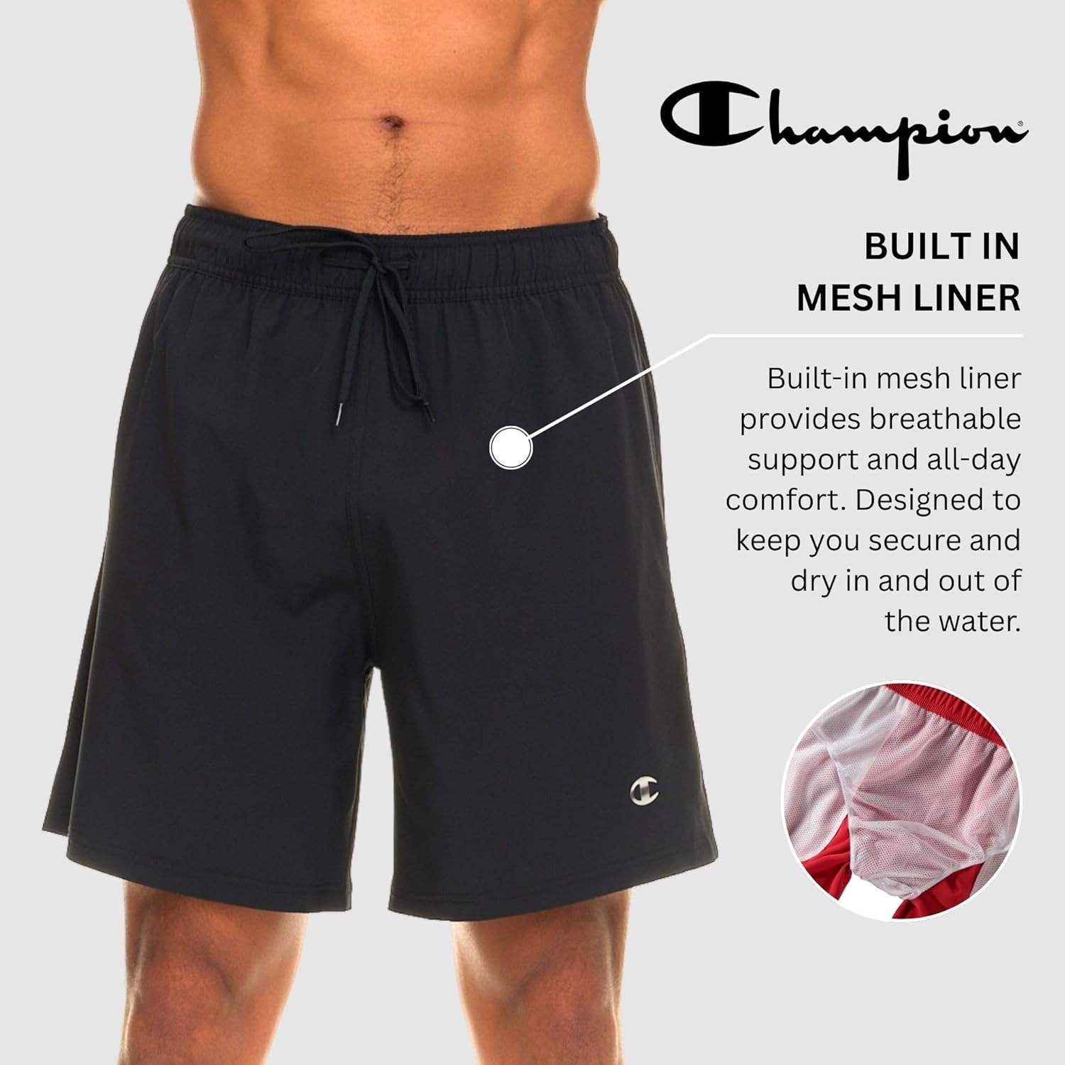 image:imageChampion Mens Swim Trunks with Mesh Liner 7 Inseam Quick Drying Mens Bathing Suit Board Shorts for Swimming and BeachBlack