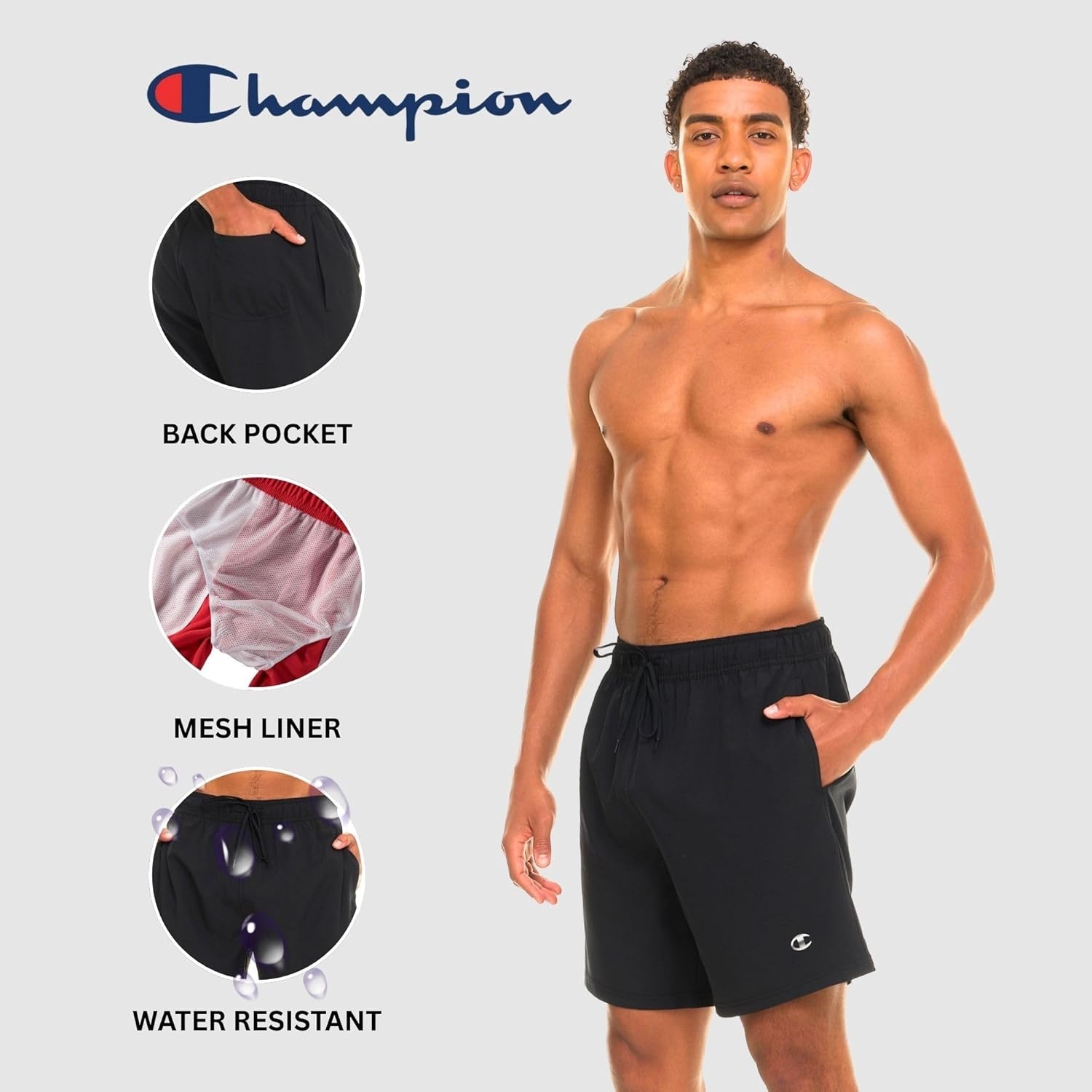 image:imageChampion Mens Swim Trunks with Mesh Liner 7 Inseam Quick Drying Mens Bathing Suit Board Shorts for Swimming and BeachBlack