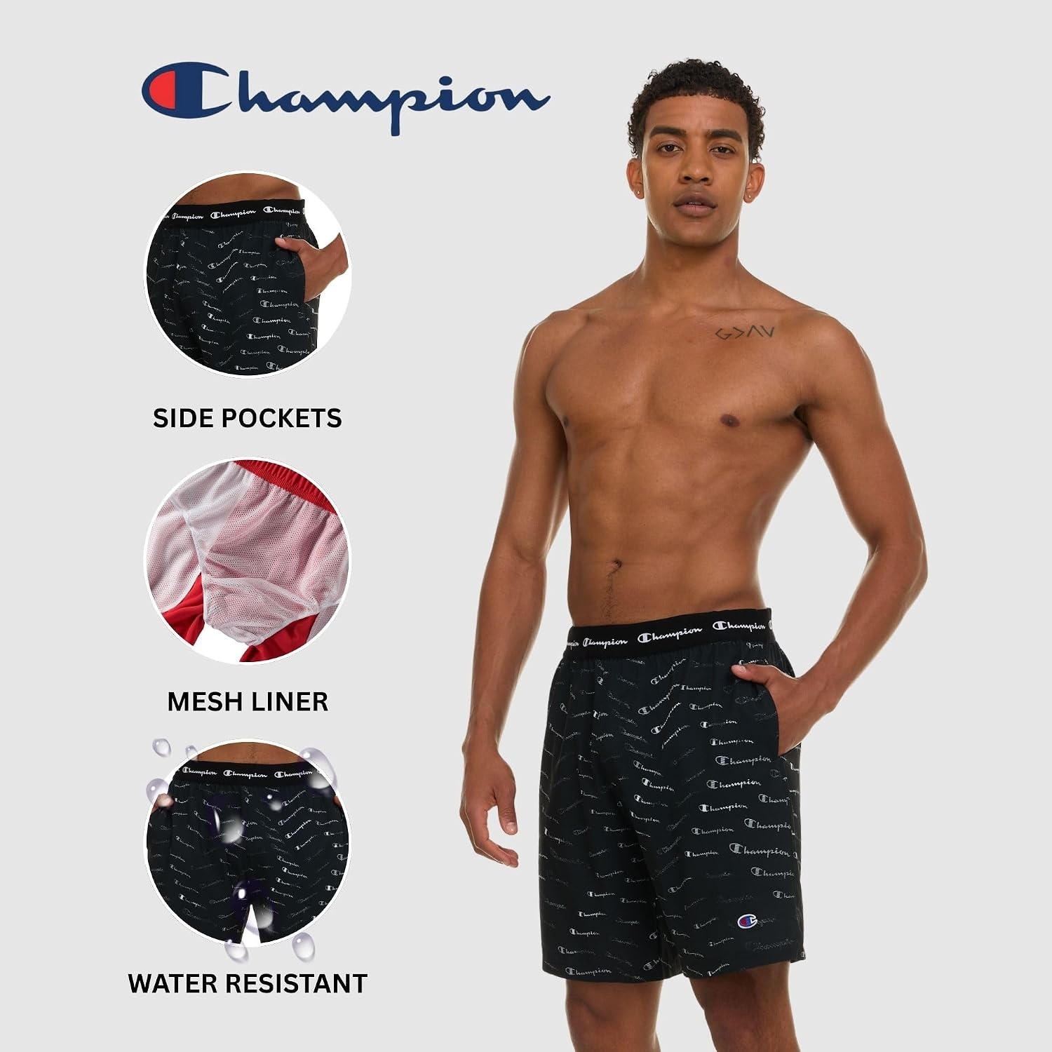 image:imageChampion Mens Swim Trunks with Mesh Liner 7 Inseam Quick Drying Mens Bathing Suit Board Shorts for Swimming and BeachBlackLogo