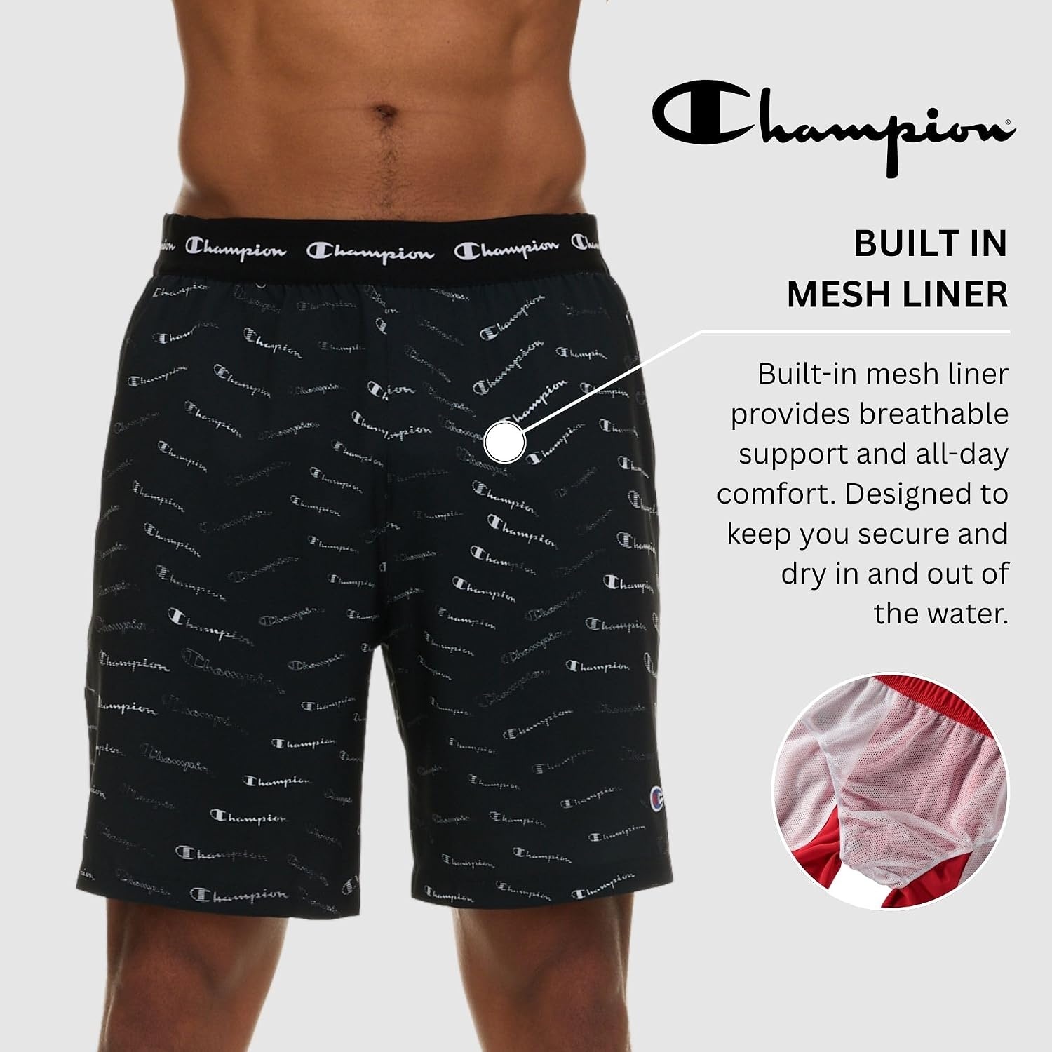 image:imageChampion Mens Swim Trunks with Mesh Liner 7 Inseam Quick Drying Mens Bathing Suit Board Shorts for Swimming and BeachBlackLogo