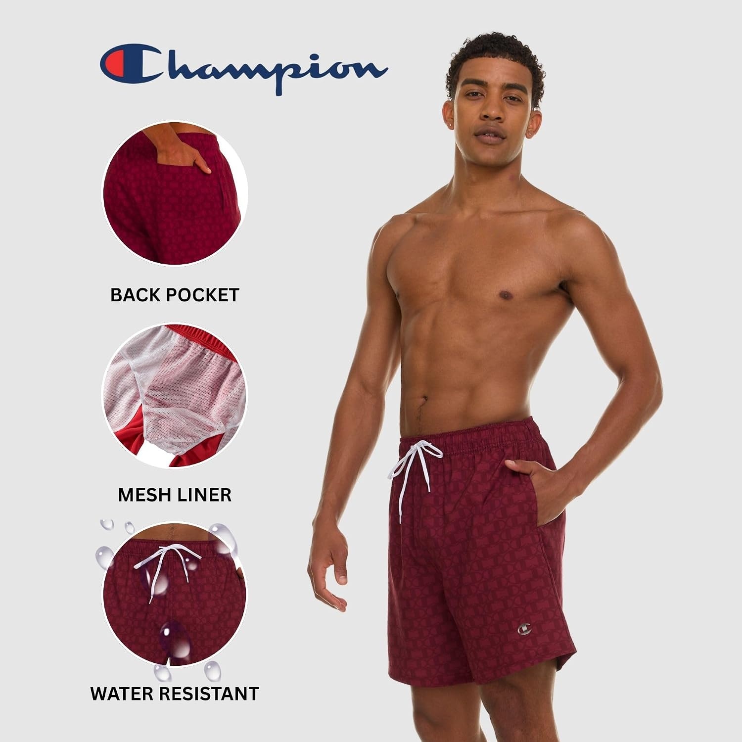 image:imageChampion Mens Swim Trunks with Mesh Liner 7 Inseam Quick Drying Mens Bathing Suit Board Shorts for Swimming and BeachBurgundyLogo