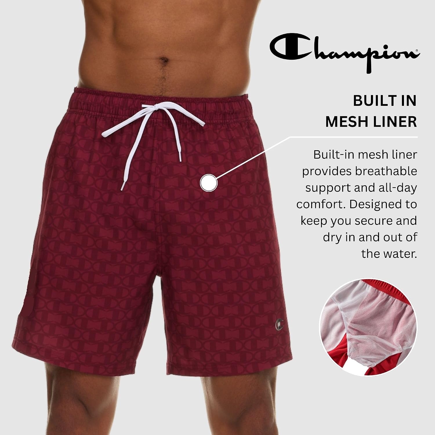 image:imageChampion Mens Swim Trunks with Mesh Liner 7 Inseam Quick Drying Mens Bathing Suit Board Shorts for Swimming and BeachBurgundyLogo