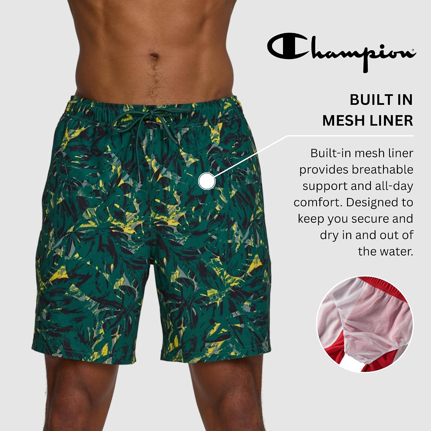 image:imageChampion Mens Swim Trunks with Mesh Liner 7 Inseam Quick Drying Mens Bathing Suit Board Shorts for Swimming and BeachContrast Trop