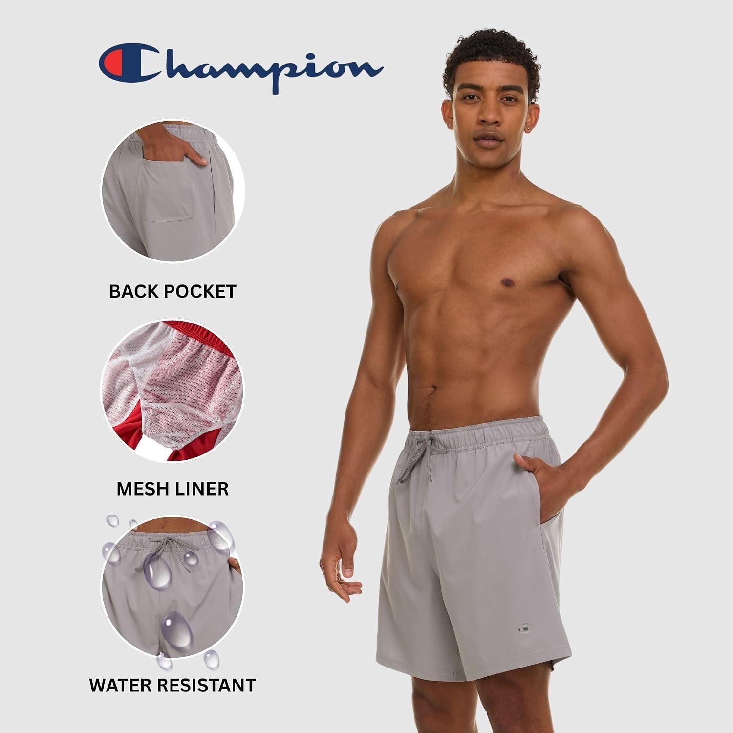 image:imageChampion Mens Swim Trunks with Mesh Liner 7 Inseam Quick Drying Mens Bathing Suit Board Shorts for Swimming and BeachGrey