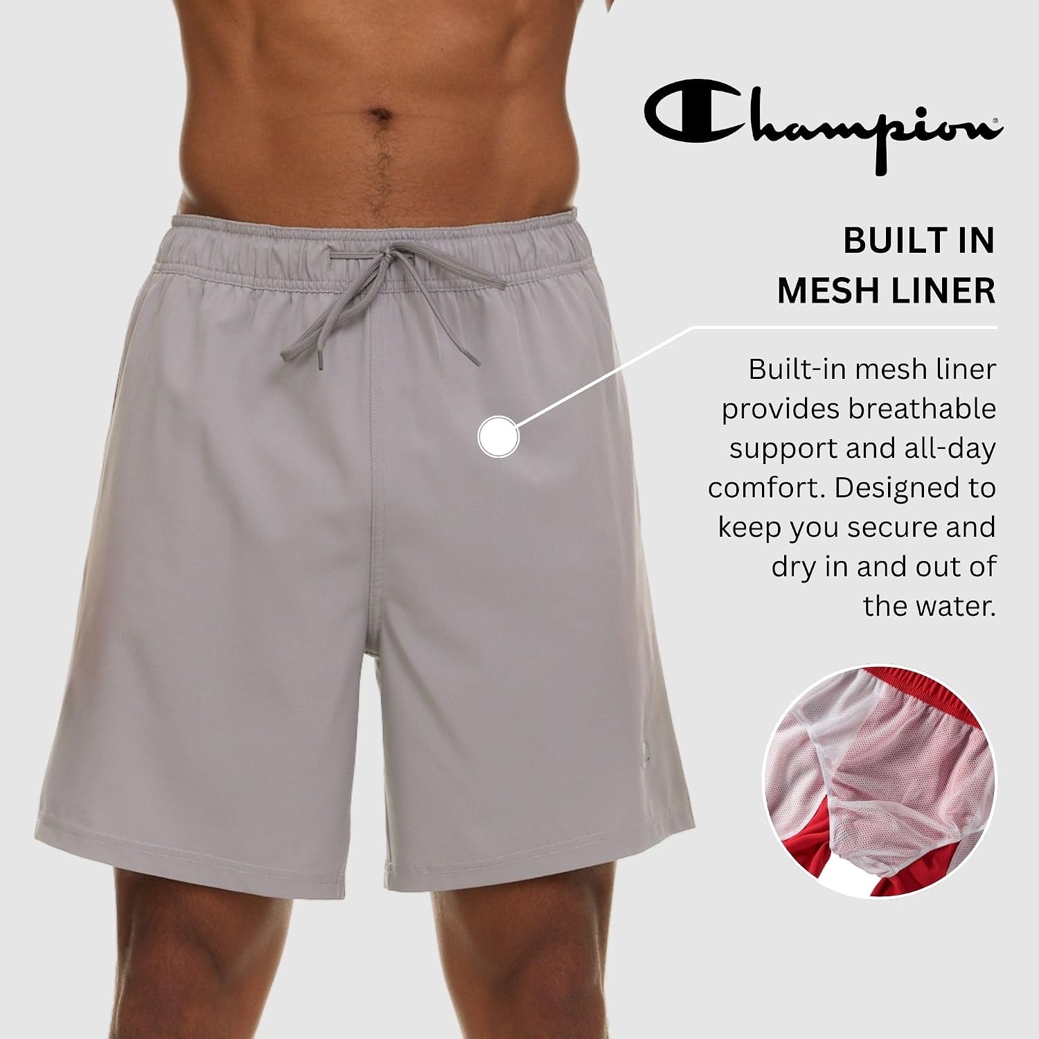 image:imageChampion Mens Swim Trunks with Mesh Liner 7 Inseam Quick Drying Mens Bathing Suit Board Shorts for Swimming and BeachGrey