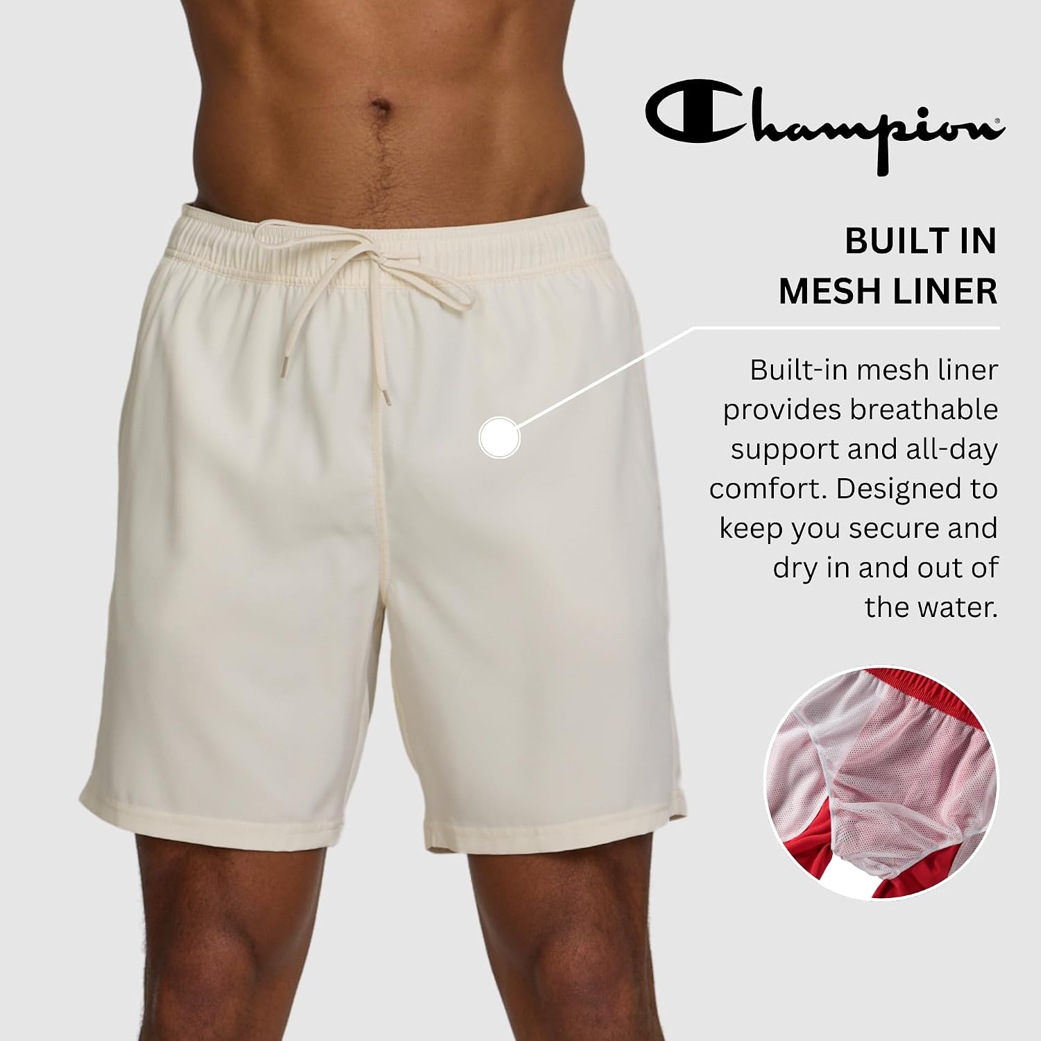 image:imageChampion Mens Swim Trunks with Mesh Liner 7 Inseam Quick Drying Mens Bathing Suit Board Shorts for Swimming and BeachIvory Canvas