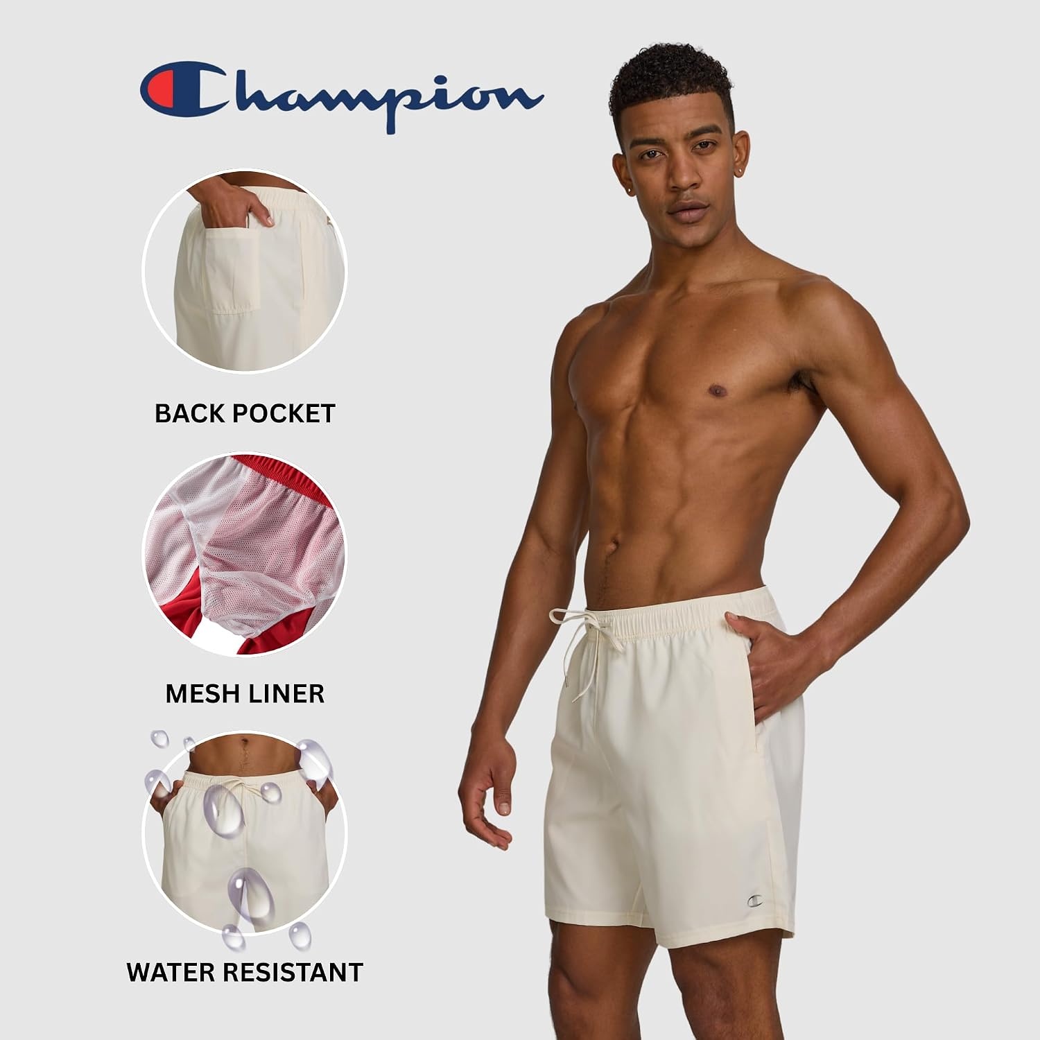 image:imageChampion Mens Swim Trunks with Mesh Liner 7 Inseam Quick Drying Mens Bathing Suit Board Shorts for Swimming and BeachIvory Canvas