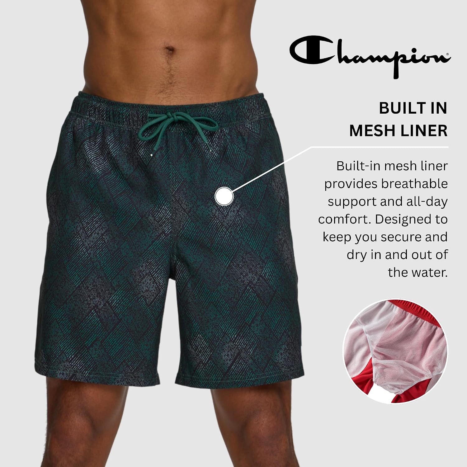 image:imageChampion Mens Swim Trunks with Mesh Liner 7 Inseam Quick Drying Mens Bathing Suit Board Shorts for Swimming and BeachPatch Texture