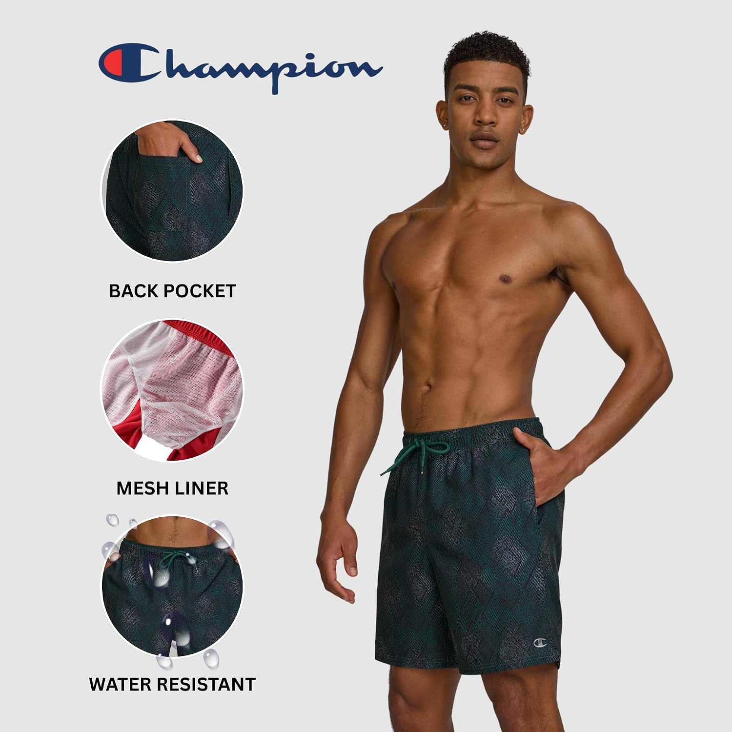image:imageChampion Mens Swim Trunks with Mesh Liner 7 Inseam Quick Drying Mens Bathing Suit Board Shorts for Swimming and BeachPatch Texture