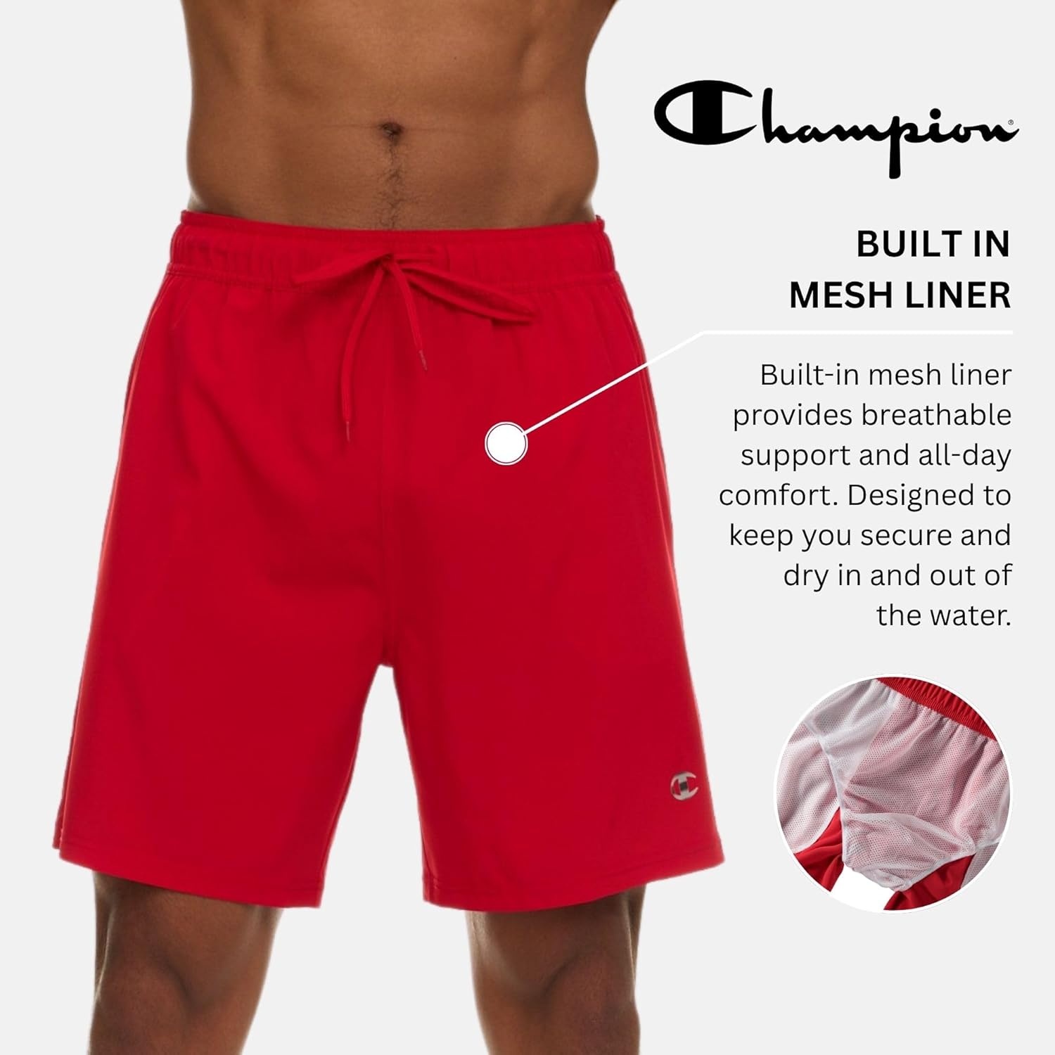 image:imageChampion Mens Swim Trunks with Mesh Liner 7 Inseam Quick Drying Mens Bathing Suit Board Shorts for Swimming and BeachRed