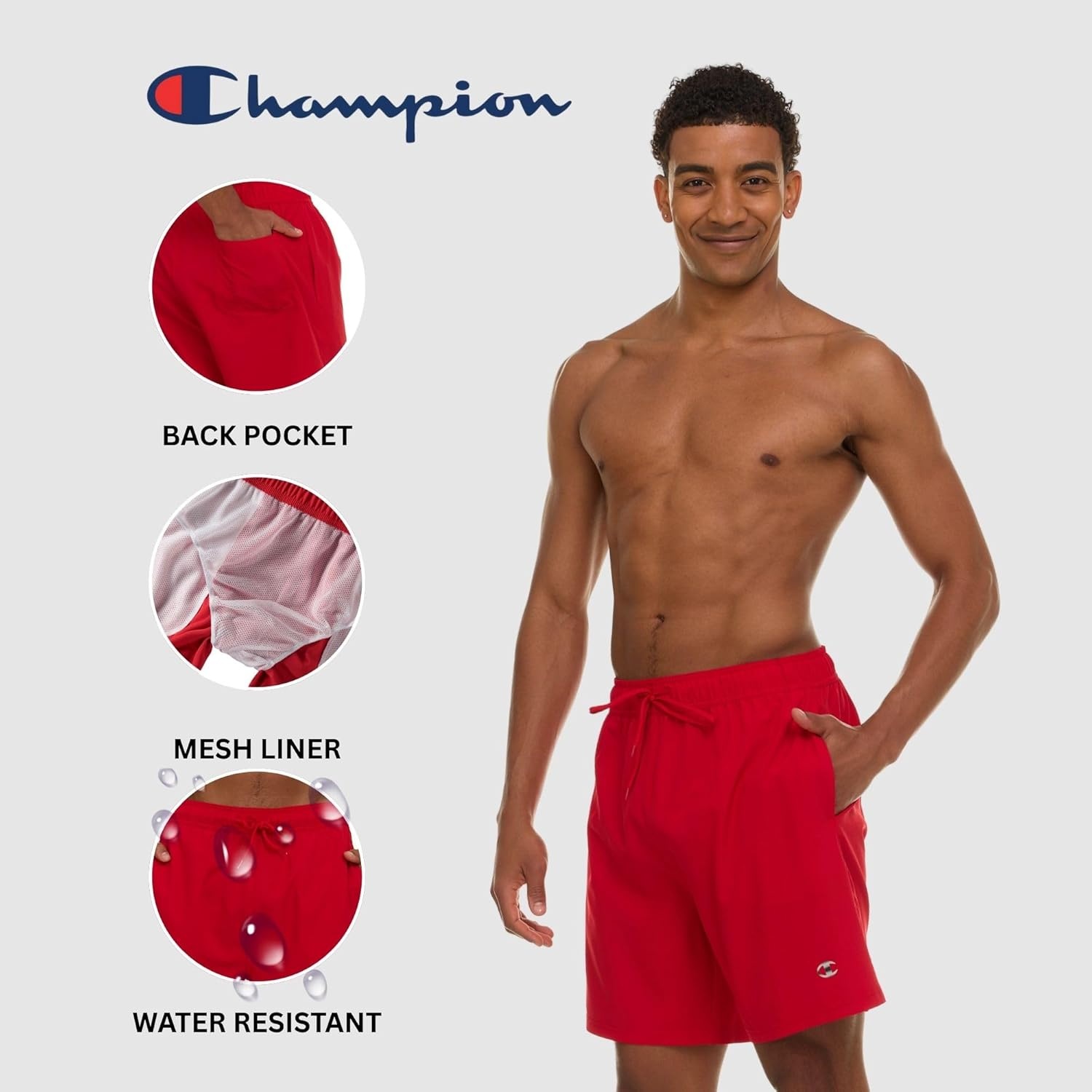 image:imageChampion Mens Swim Trunks with Mesh Liner 7 Inseam Quick Drying Mens Bathing Suit Board Shorts for Swimming and BeachRed