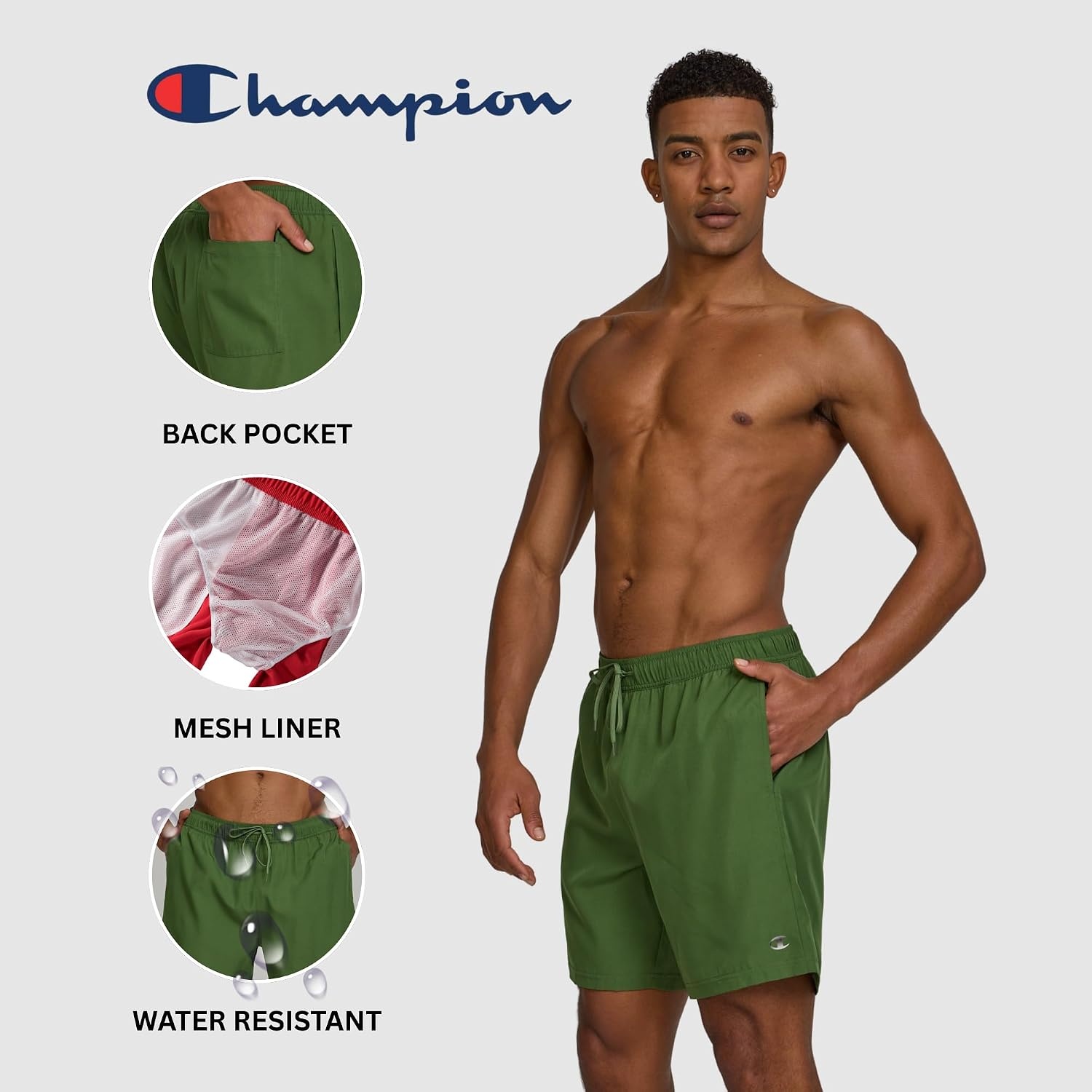 image:imageChampion Mens Swim Trunks with Mesh Liner 7 Inseam Quick Drying Mens Bathing Suit Board Shorts for Swimming and BeachRyegrass Green