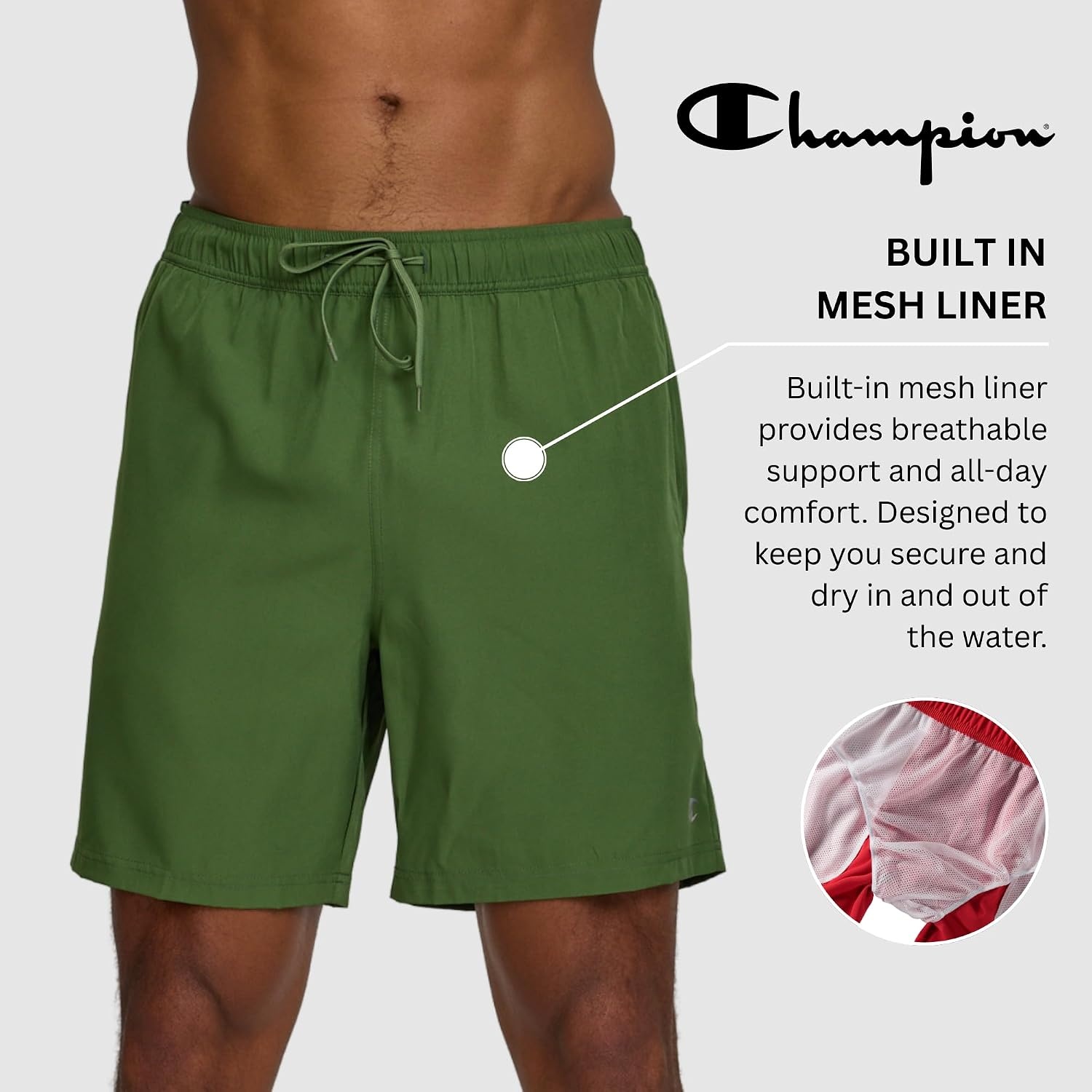 image:imageChampion Mens Swim Trunks with Mesh Liner 7 Inseam Quick Drying Mens Bathing Suit Board Shorts for Swimming and BeachRyegrass Green