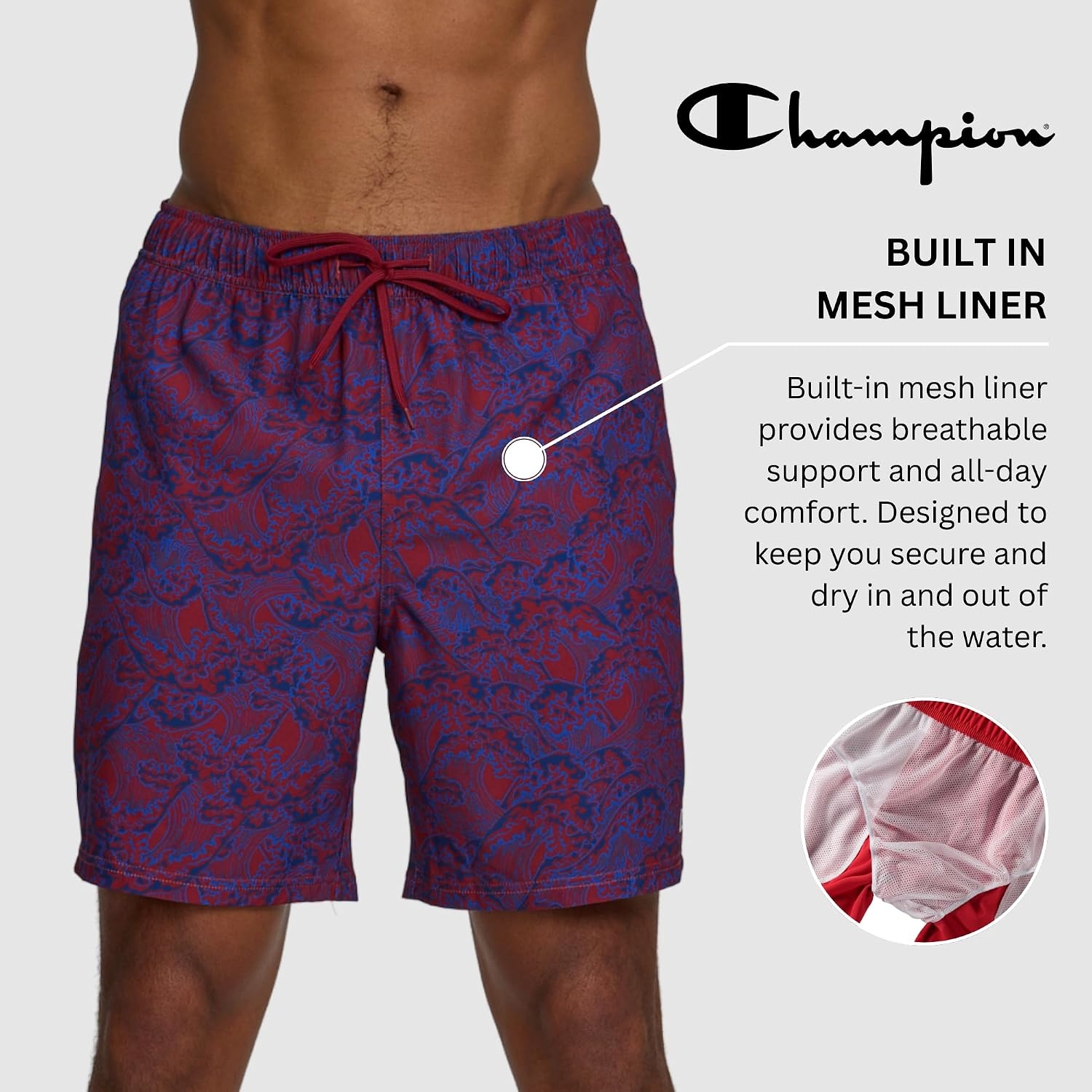 image:imageChampion Mens Swim Trunks with Mesh Liner 7 Inseam Quick Drying Mens Bathing Suit Board Shorts for Swimming and BeachTidal Wave