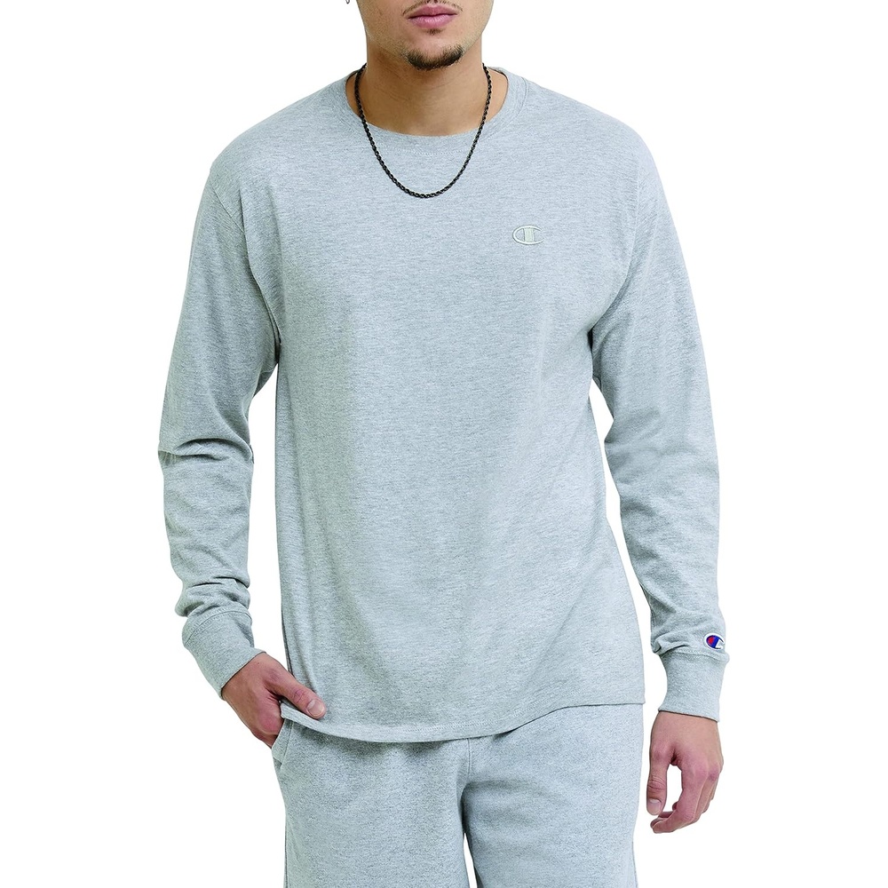 image:imageChampion Mens Classic Long Sleeve TShirt Standard Fit C Logo Available in Regular and Big amp TallPlatinum Silver Heather