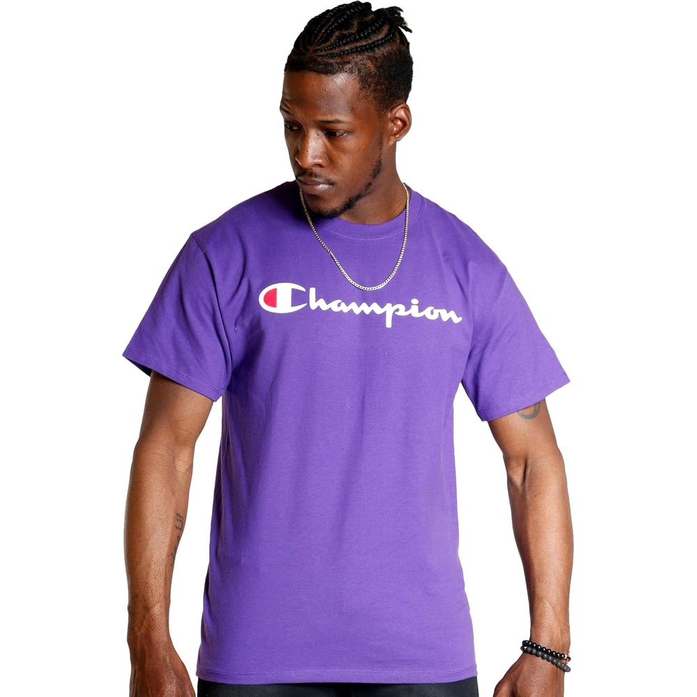 image:imageChampion Mens Graphic Short Sleeve TShirt Standard Fit Classic Script Logo Midweight 100 CottonPurple Pr Classic Script Logo