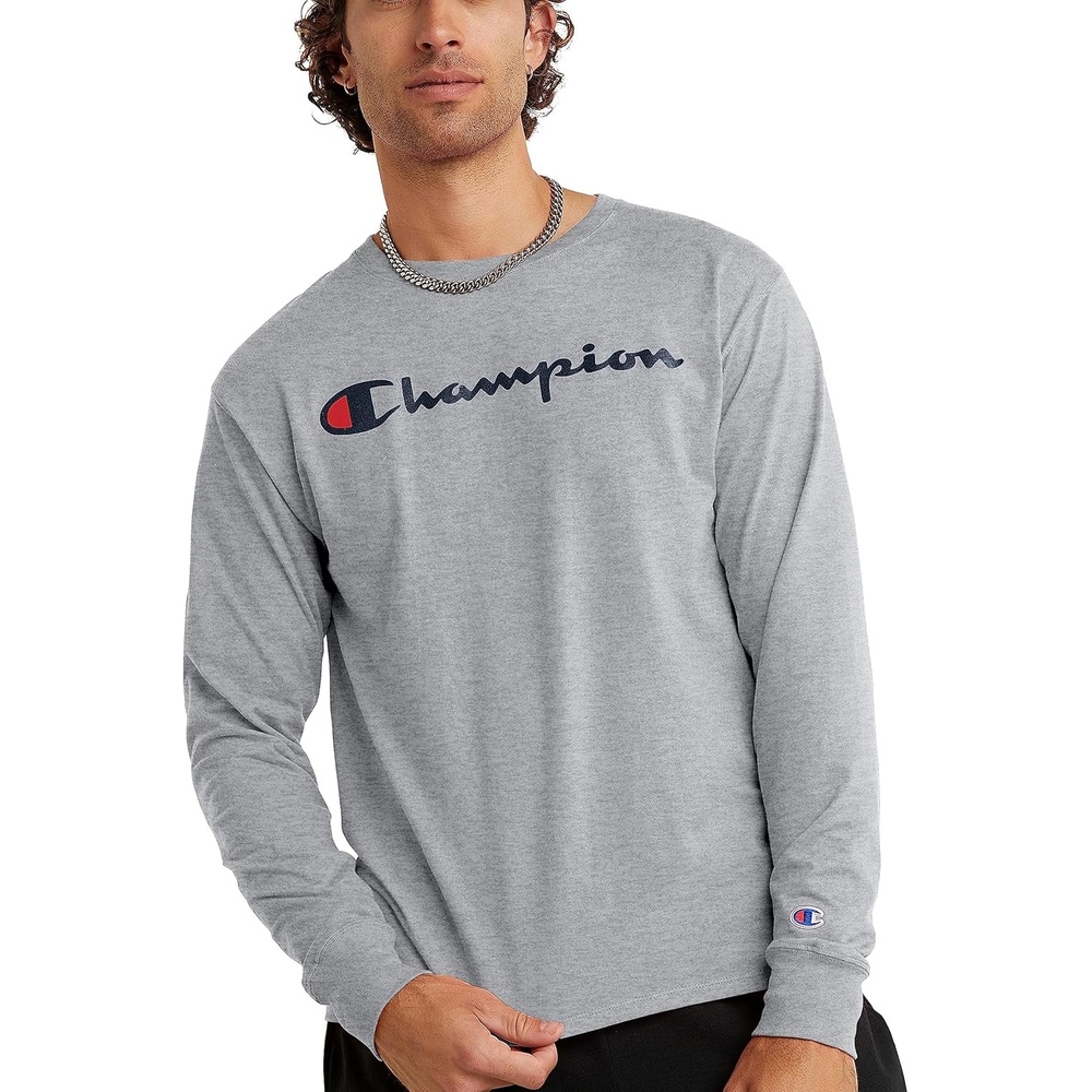 image:imageChampion Mens Long Sleeve Tshirt Classic Tshirt for Men Reg Or Big amp TallOxford Gray Heather Classic Script Logo
