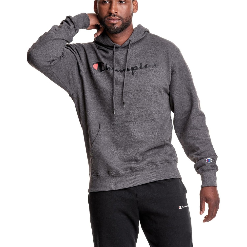 image:imageChampion Mens Pullover Graphic Fleece Hoodie Standard Fit Midweight Fleece Classic Script Logo Available Regular Big amp TallGranite Heather Classic Script Logo