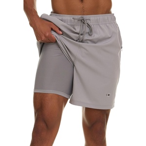 Champion Mens Swim Trunks with Compression Liner, 2 in 1 Mens Bathing Suit Shorts, 7 Inch Inseam Board Shorts for Swimming(Grey)