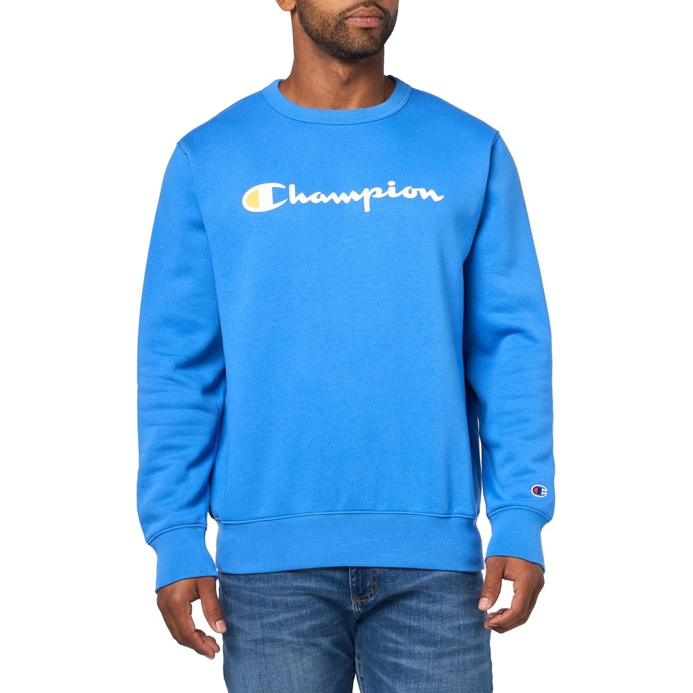 image:imageChampion Mens Crewneck Fleece Sweatshirt Standard Fit Midweight Script Logo Available in Regular and Big amp TallNebulas Blue Classic Script Logo